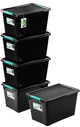 PAFEN 5x Aufbewahrungsbox auf Rädern Öko-Linie 60L - 58,5 39,5 x 35 cm - Boxen Aufbewahrung Stapelboxen mit Verschlussclips Kunststoffbehälter Kleiderboxen Organizer | Schwarz