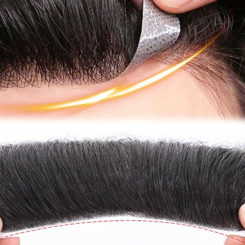 Männer Toupet für die Stirn, Haaransatz, schwarzes Echthaar, V-Form, Topper, Haarteil, PU, dünne Haut(Black,1.5 * 16cm)