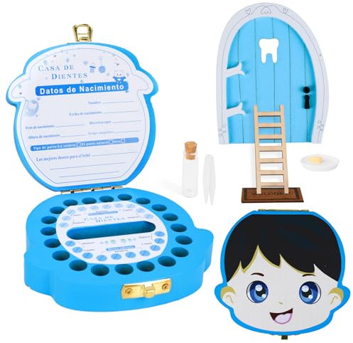 GEBETTER Caja Dientes de Leche Niño en Español + Puerta Pérez Ratoncito, Cajita Madera Guardar Dientes, Pinzas, Botecito, Puerta, Felpudo, Escalera, Queso y Plato, Regalo Niño 5 6 7 8 9 Años (Azul)