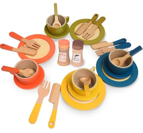 Ustensile Cuisine Enfant, Vaisselle Jouet, AolKee Lot de 26 Plats de Cuisine en Bois pour Enfants à partir de 3 Ans