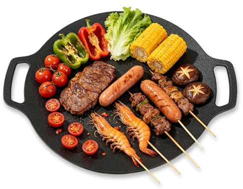Buachois Grillpfanne, Ø29 cm/11.4 Zoll Koreanische Grillplatte, Outdoor BBQ Runde Pfanne mit Antihaftbeschichtung 6 Schichten Doppelgriff Feuerpfanne für Grill Gegrillter Fisch Garnelen Würstchen