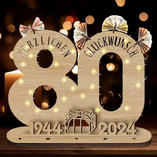 Idota 2025 80 Geburtstag Deko Holz-Schild mit LED Gästebuch, Geschenke zum 80 Geburtstag Mann, 80 Geburtstag Geschenke Frauen Deko, 80 Geburtstag Mann Geschenk, Personalisierbares Geschenk