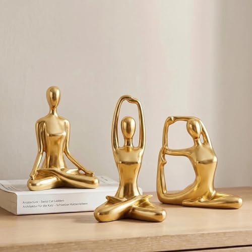 Ni-JASW Gold Yoga Figuren Statuen 3er Set Meditation Zen Room Decor | Kleine Dekoration für Regale, TV-Ständer, Büroschreibtisch, ästhetisches Harz, Heimdekoration, Yoga-Geschenk