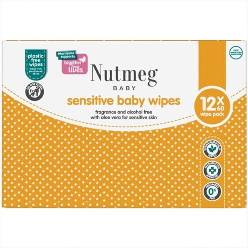 Nutmeg Sensitive 60 Baby Wipes - 12 Pack | Fragance and Alcohol Free with Aloe Vera For Sensitive Skin.