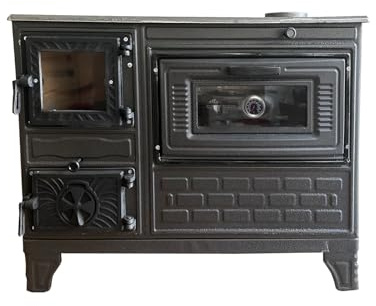 Poêle en fonte avec four, four de cuisson en fonte durable, four de cuisson par combustion du bois, poêle chauffant, section four avec thermomètre, cheminée doublée de brique fabriquée à Turkiye (noir