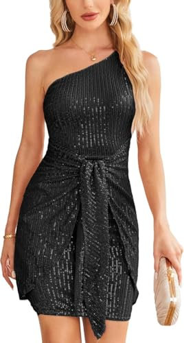 Damen Glitzer Abendkleid Glitzernd Bleistiftkleid One Shoulder V-Ausschnitt Rockabilly Vintage Kleid Cocktail Kleid L Schwarz CL3064S24-01