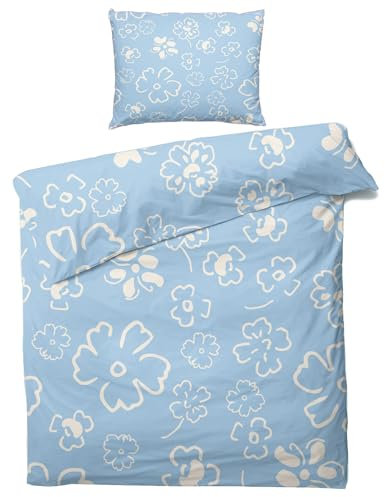 Blumen Bettwäsche 135x200 Sommer - Hellblau Weiß Blumen Bettbezug 135 x 200 2er Set mit Kissenbezug 80x80, Weiche Mikrofaser Sommerbettwäsche mit Reißverschluss für Schlafzimmer Deko J-&182