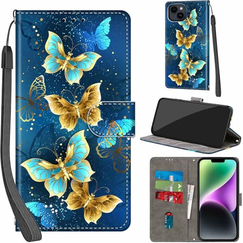 Haninsuze for iPhone 15 Plus 6.7-Inch Case PU Leather Wallet Book Flip Folio Stand View Magnetic Multi-Pattern Cover compatible with iPhone 15 Plus Phone Case (Four Butterfly)
