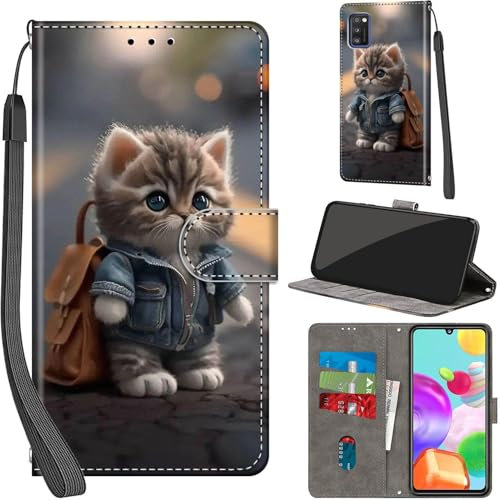 Handyhülle für Samsung Galaxy A41 Hülle PU Leder Schutzhülle Klappbar mit Kartenfach Ständer Handytasche mit Kameraschutz Flip Case Klapphülle für Samsung A41, Katze