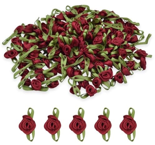 celloexpress 15mm Burgundy #25 Satin Ribbon Roses with Green Leaves - Small Flower Buds - Crafts, Embellishments (Pack of 10)