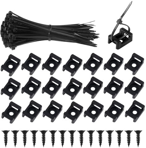 100 Pz Supporto per Fascette Stringicavo + 100 Pezzi Fascette in Nylon Nero con Viti, Base di Fissaggio per Fascette Fermacavi Set per Cavi per Casa e Ufficio