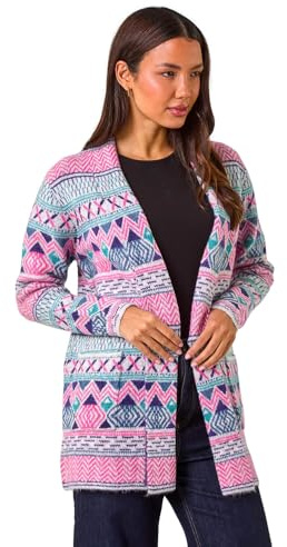 Roman Originals Women Cardigan - Ladies Longline Coatigan Tassel Open Front Cardi Winter Autumn Casual Textured Edge to Edge Yarn Patterned Comfy Work Going Out - Blush Blue - Size 12