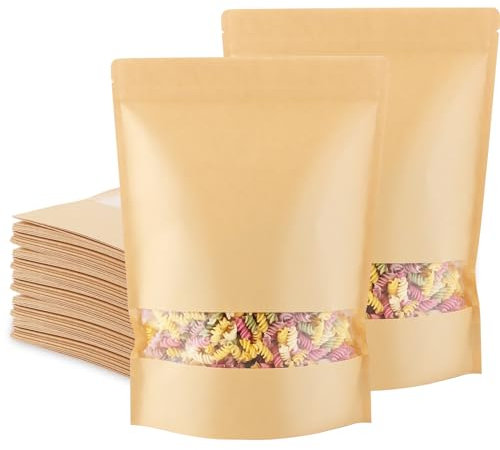 SENENQU Lot de 50 Sachet kraft Alimentaire avec Fenetre, 25 x 35CM Sachet Kraft Zip Réutilisables, Imperméable Sac Kraft Alimentaire Petit Format pour Noix, Nourriture