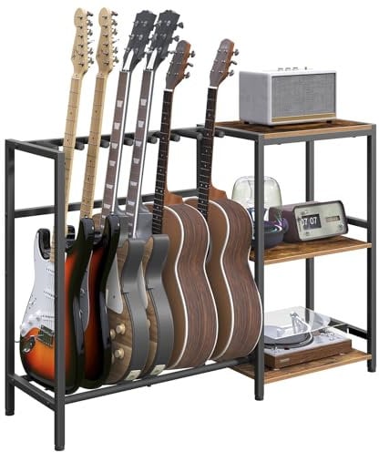 MAHANCRIS Soporte para guitarra, soporte de guitarra para instrumentos de 5 a 6 cuerdas, adecuado para guitarra acústica, bajo, estante de guitarra con estantes para tocadiscos, con almohadillas de