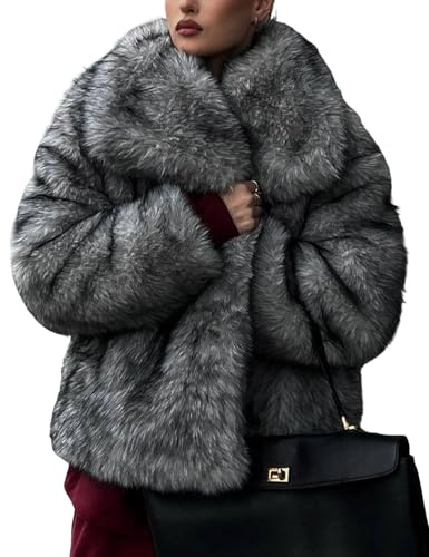 Yimoon Kunstfellmantel für Damen mit Revers, vorne offen, flauschig, zottelig, Winterjacke, pelzähnlich, warm