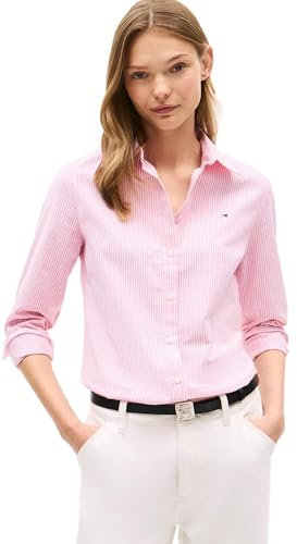 TOMMY HILFIGER Chemise boutonnée à manches longues en coton extensible pour femme Coupe droite Collection 2025, Fandango rayé rose, Taille XS