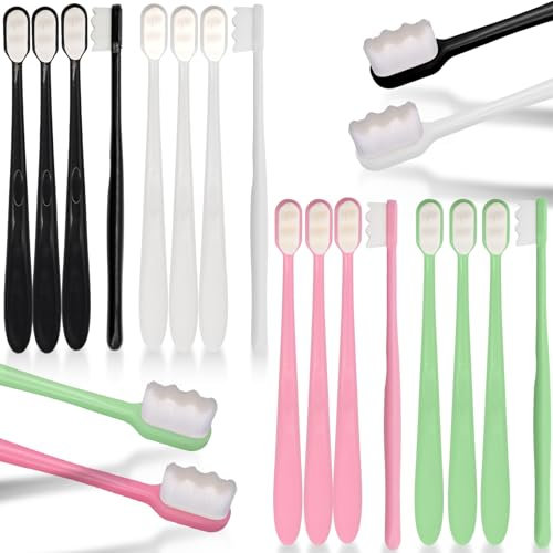 Scettar 16 Stück Nano Zahnbürste Handzahnbürste 20.000 Ultraweiche Nano-Borsten Zahnbürste Weich für Zerbrechliches Zahnfleisch Erwachsene，Kinder，Senioren und Zahnspangen(Schwarz, Weiß, Grün, Rosa)1