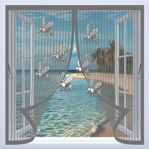 Rideau Moustiquaire Magnétique 60 x 100 cm Joint Magnétique de Haut en Bas Moustiquaire de Porte pour Chat pour Portes Extérieures, Caves et Camping-Cars, Gris