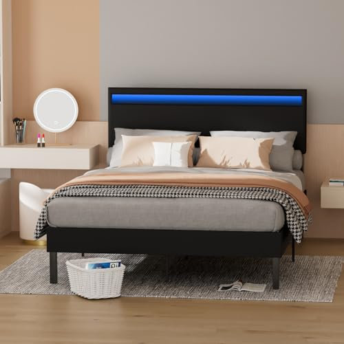 Jaxguom Polsterbett 120x200cm mit LED Bett Bettrahmen Doppelausführung Bettrahmen mit Lattenrost Holzlatten zur Unterstützung des Kopfteils,Schwarz