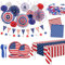 132PCS Patriotic Party Supplies, American Flag Themed Party Set with Plates Napkins Fork Tablecloth Red White Blue Paper Fans Star Streamer for Veterans Day Election Day 4th of July Independence Day
