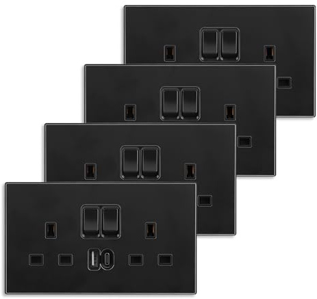 CNBINGO Double Plug Socket with USB, 20W Fast Charging Double Wall Socket with Type A and Type C, Aluminium Panel Electric Outlet Socket Black 4 Pack