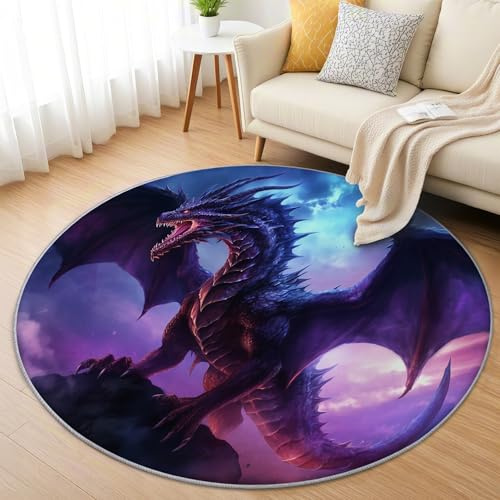 AevuCub Drachen Teppich Rund 120cm Kurzflor - Waschbare Teppiche Wohnzimmer Drachenmotiv - Runder Teppich 120 Durchmesser Kinderzimmer - Bettvorleger Schlafzimmer rutschfest Weich