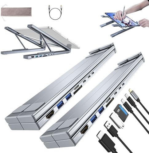 Supporto per laptop USB-C 8 in 1, portatile, pieghevole, in alluminio, per tablet, dock regolabile, hub USB C 8 in 1 con docking station con HDMI 4K, 2 USB 3.0 per viaggi, ufficio (2 pezzi)
