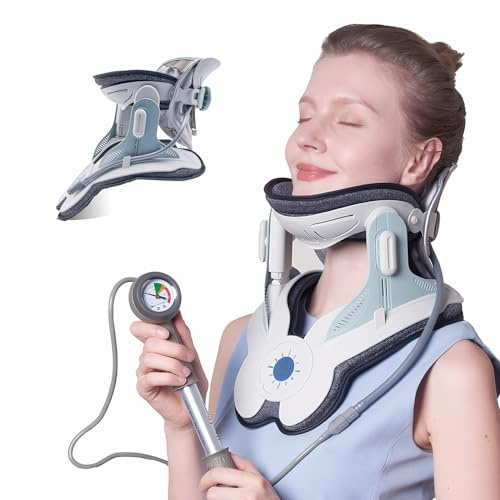 Zervixhalstraktionsgerät, Nackenstrecke für Nackenstreckung und Unterstützung, mit 3 Power Traction und 8 Airbag Support für Nackenschmerzen, Wirbelsäulendehnung, Hausgebrauch, Manuelle Luftpumpe