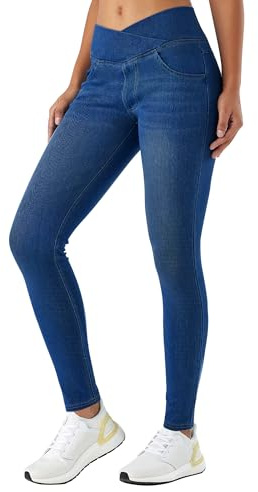LaiEr Women V Crossover Skinny Jeans High Waist Tummy Control Casual Fitness Leggings, Supple Elasticity Casual Faux Denim Print with Side Pockets