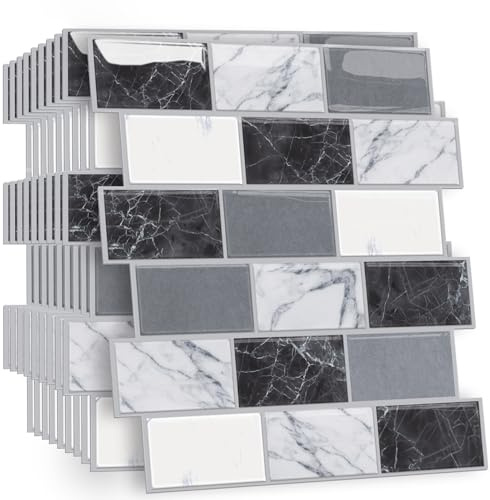 HPNIUB 10 Stück Fliesenaufkleber Metro Fliesen Selbstklebend fliesenaufkleber Küchenrückwand Fliesen Klebefliesen Fliesenfolie Selbstklebende Küche Bad 30 x 30cm Kachelaufkleber Graue