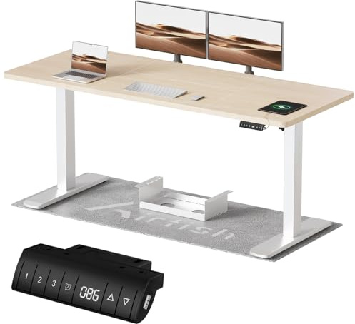 Airfish Höhenverstellbarer Schreibtisch mit USB-Buchse, Elektrisch Schreibtisch mit Kabelwanne, Computertisch, Bürotisch, Stehpult mit Erinnerung an sitzende Tätigkeiten, 200x80 cm, Beige