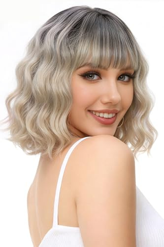 Luxiremi Perücke Ombre Blonde Bob Kurze Lockig Perücken für Damen Cosplay | Ombré Spezielle Schulterlang gewellt synthetisches Haar mit Pony. Inkl. 1 Perückenhaarnetz für Frauen, Karneval Halloween