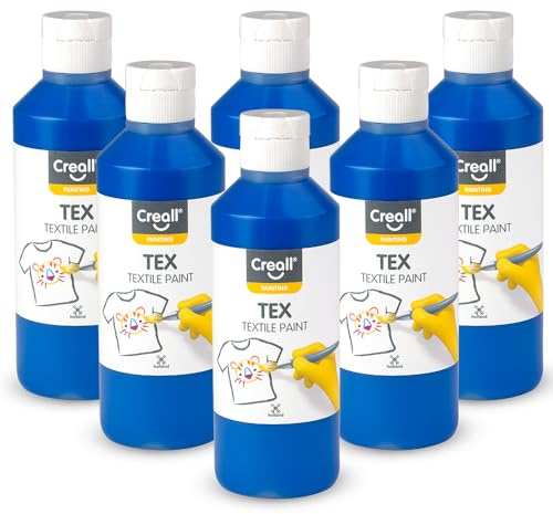 Creall Pintura textil y de tela, azul, 6 x 250 ml, lavable a máquina después de la fijación, para camisetas, vaqueros, zapatos, bolsas de tela, muebles y interior de coche/techo