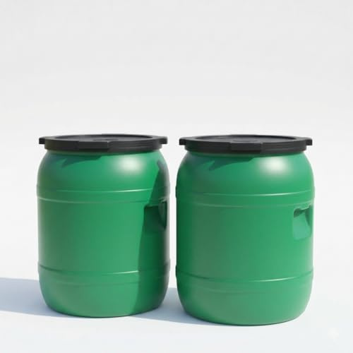 plasteo Weithalsfass Deckelfass lebensmittelecht – stabiles HDPE Universalfass mit Schraubverschluss, für Futter, Lagerung und Transport, grün (2x 220 L Rund)