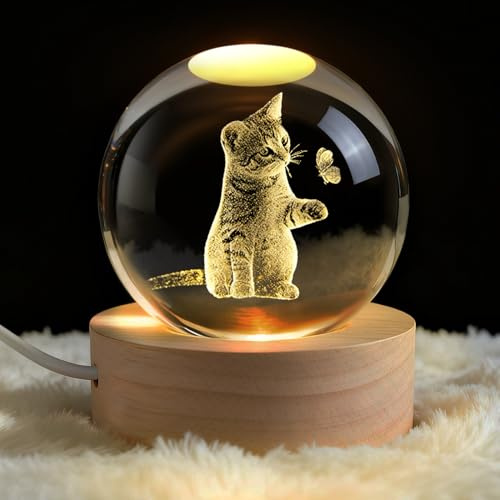 3D Kristallkugel Nachtlicht, USB 3D Katze Geschenk Nachtlicht Kinder | Kristallkugel Nachtlicht Kreative Nachtszene Astronomie LED Ball Lampe,Mit Holzsockel, 3D Solar System Crystal Ball