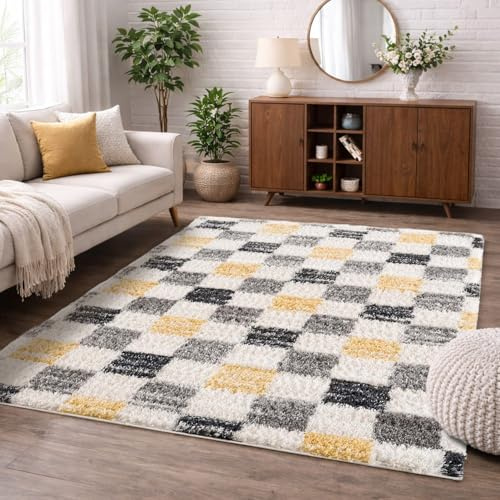 carpet city Hochflor Teppich Shaggy Grau, Gelb 160x230 cm - Kariert, Karo-Muster - flauschig weich, kuschliger Schlafzimmer- & Wohnzimmerteppich
