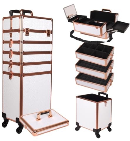 Kosmetikkoffer Trolley, 6-in-1 Schminkkoffer mit Spiegel & Schloss, Großer Kosmetik Reisekoffer Make-up Organizer, 4 Ersatzrollen als Geschenk (Weiß)
