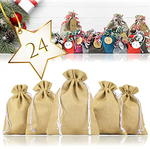 Ganzoo 24er Set Jutesäckchen für Adventskalender zum selbst befüllen, 17,5cm x 12,5cm, Jutebeutel, Stoffbeutel, Natur Säckchen, Geschenksäckchen, Sack, Beutel – (Hellbraun)