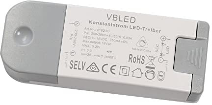VBLED Alimentatore di rete costante da 3 W fino a max. 5 W – Trasformatore LED dimmerabile; 8 – 15 Volt, corrente continua, funzionamento CC 350 mA (5 Watt – 350 mAh – dimmerabile)