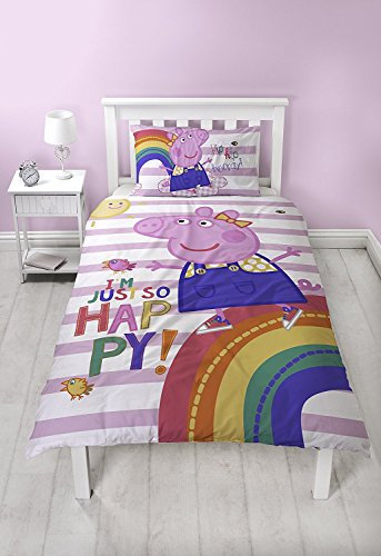 Peppa Pig Friends Striped Duvet Cover with Matching Pillow Case, Polyester-Cotton, Pink, Single, 200 x 135 x 5 cm