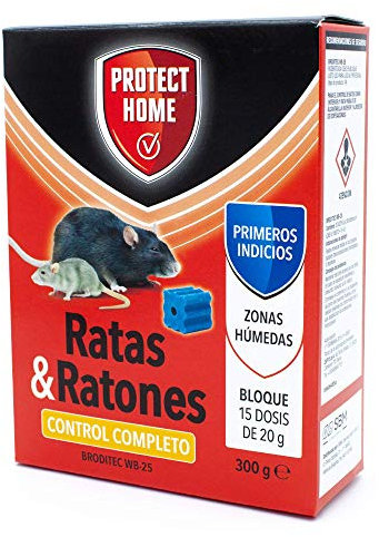 Protect Home Raticida en Bloques de Alta eficacia y atracción, Zonas humedas. Ratas y Ratones, 15 x 20gr. (300gr, Rojo, 300 G