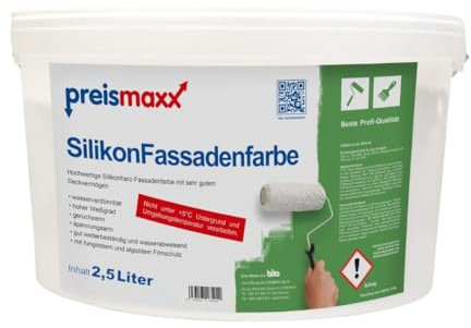 Preismaxx Silikonharz Fassadenfarbe, Weiß 2,5L hochwertige, matte, wasserabweisende Aussen-Dispersion, sehr guter Regenschutz - Abperleffekt
