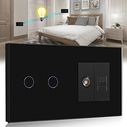 BSEED Touch Lichtschalter mit Steckdose 2 Fach 2 Weg mit Cat5 RJ45 Steckdose TV Antenne Koaxial und Ethernet Wandsteckdose Glas Platte Steckdose mit Lichtschalter Schwarz