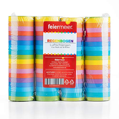 feiermeier Luftschlangen Regenbogen mit 4 Rollen a 4 Metern für Party, Fasching, Karneval, LGBT-Motto, Kindergeburtstag