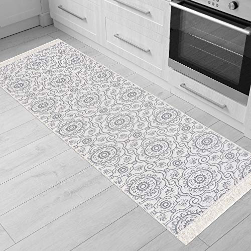 Fashion4Home Teppich Läufer - Tepiche für Wohnzimmer, Schlafzimmer, Küche, Kinderzimmer, Badezimmer - Boho Kelim - Läufer Flur, Hellgrau-Creme, Größe: 60x180 cm