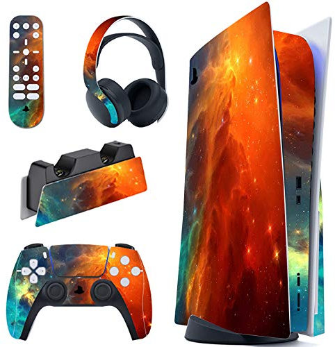 PlayVital Autocollant Skin pour ps5 Manette,Sticker pour ps5 Console Disc Edition & Station de Charge & Casque & Télécommande-Univers étoile Orange