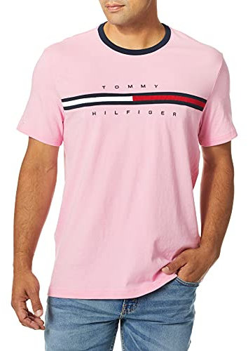 Tommy Hilfiger T-Shirt à Manches Courtes Signature Stripe pour Homme, Rose Fluo, Taille XL