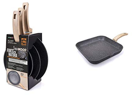 ALLUFLON Etnea Wood Edition Set da 3 Padelle, Alluminio, Nero, 20 24 28 cm & Etnea Wood Bistecchiera, Alluminio, Nero, 28 cm