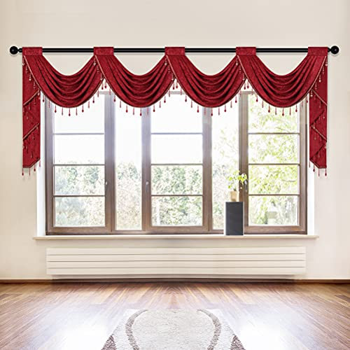 ELKCA Chenille-Volant, Bordeauxrot, für Wohnzimmer, 4 Hohle Lambrequins für Küchenvorhänge, Stangentasche, 1 Vorhang