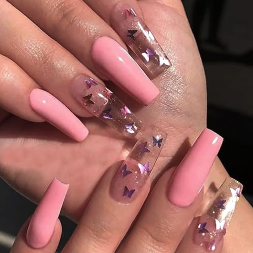 Brishow Cercueil Faux Ongles Longue Faux Ongles Papillon Press on Nails Ballerine Acrylique Bâton Ongles 24pcs pour Femmes et Filles (Rose)